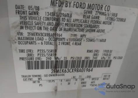 2009 Ford Flex Limited из США, поврежденный, VIN 2FMEK63CX9BA01964